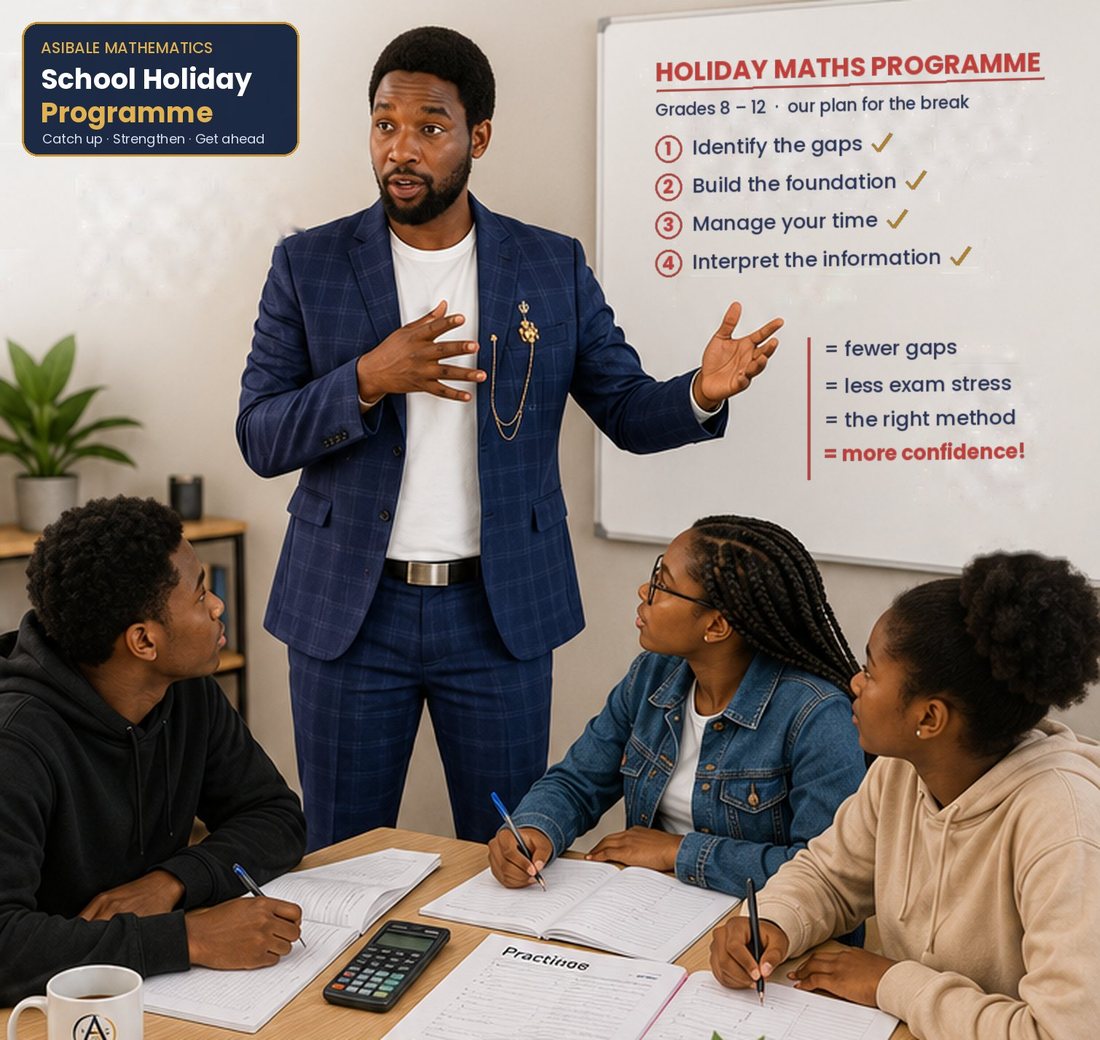 Mr Nhleko teaching three learners; the whiteboard shows the four steps of the holiday maths programme